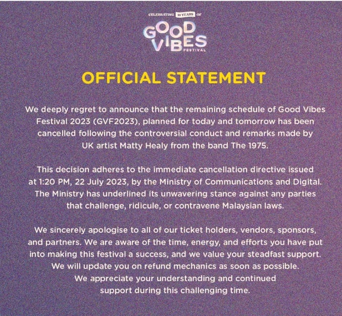 “音乐节被取消……”Matty Healy 公开抨击马来西亚政府行为是否正当？ | 文字碌碌